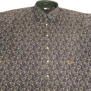Vintage Tommy Hilfiger TENNIS RACKET Print Long Sleeve Polo (Lrg)